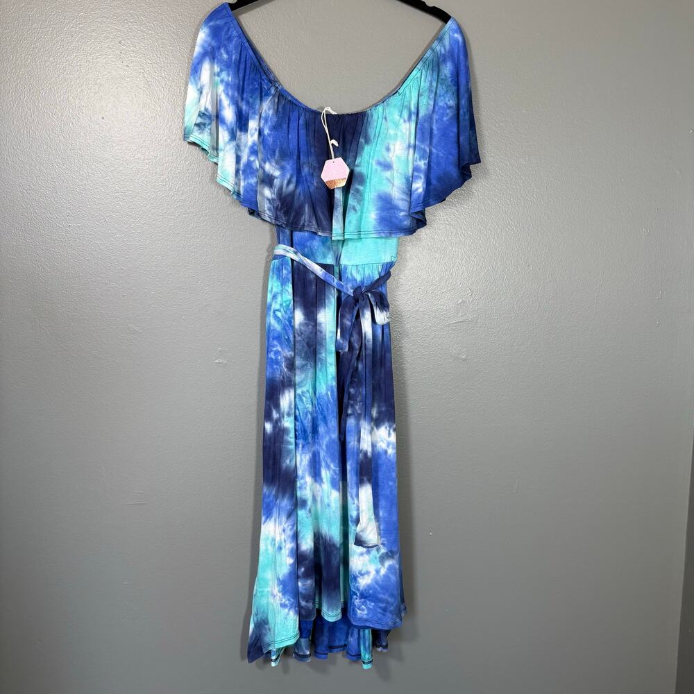 Pink Blush NWT Women's Blue Tie Dye Boho Peasant Sundress - Size Large - Hippie